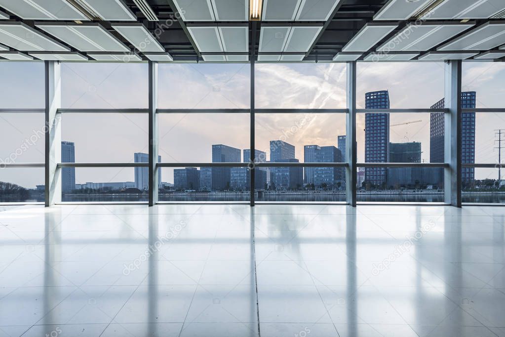 Panoramic skyline and buildings from glass window