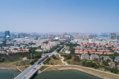 Nanjing şehrin kentsel mimari peyzaj üzerinde havadan görünümü