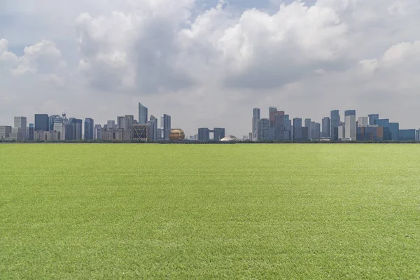 Horizonte Panorâmico Edifícios Com Grama Verde — Fotografia de Stock