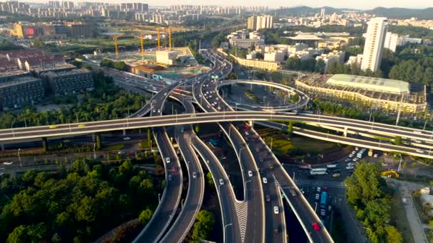 Vue Aérienne Intersection Achalandée Circulation Heure Coucher Soleil — Video