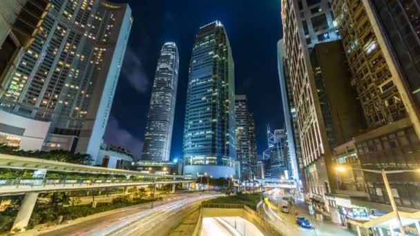 Tidsfördröjning För Livlig Trafik Hong Kong Natten International Finance Centre — Stockvideo