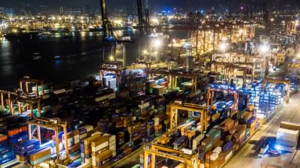 Zaman Atlamalı Hong Kong Konteyner Terminali Geceleri Hong Kong Kwai — Stok video