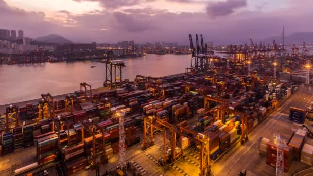 Time Lapse Van Hong Kong Containerterminal Van Nacht Naar Dag — Stockvideo