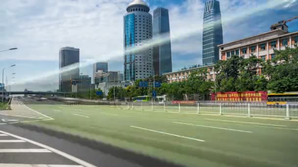 Tidsinställd Upptagen Trafik Och Moderna Byggnader Centrala Peking Kina — Stockvideo