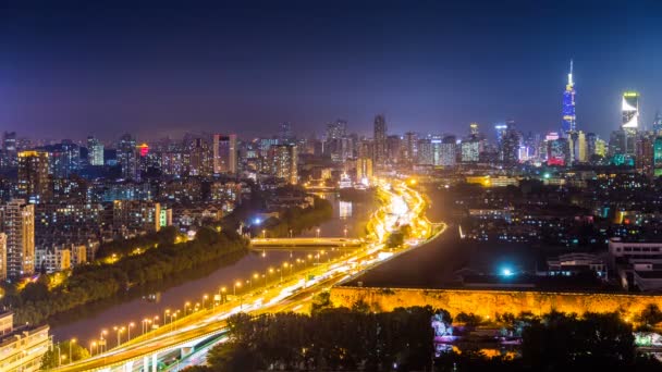 Zaman Atlamalı Cityscape Gece Şehrin Nanjing Nanjing Simgesel Yapı Skylinechina — Stok video