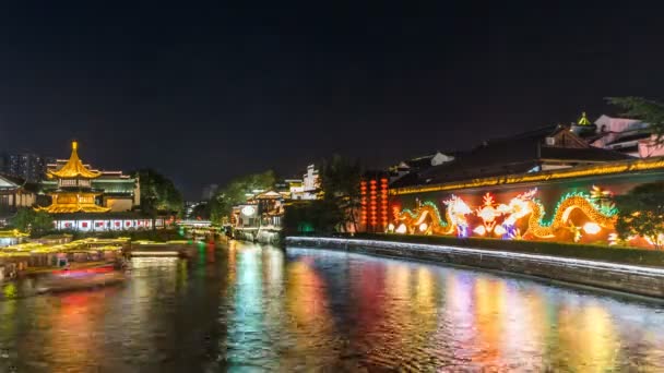 時間経過の南京孔子廟の風光明媚な地域と夜 南京ランドマーク秦川 — ストック動画