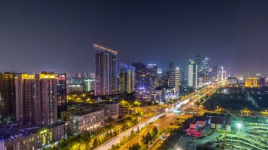 Nanjing ve Çin 'in gecelerinde şehir manzarasının zaman aşımı