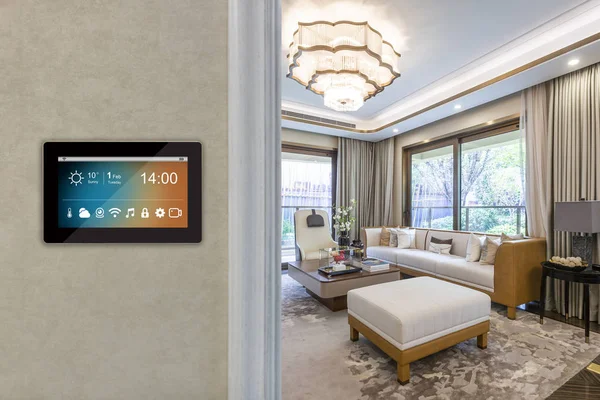 smart home interior with icons on screen