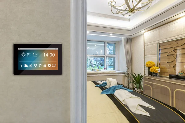 smart home interior with icons on screen