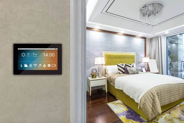 smart home interior with icons on screen