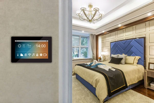 smart home interior with icons on screen