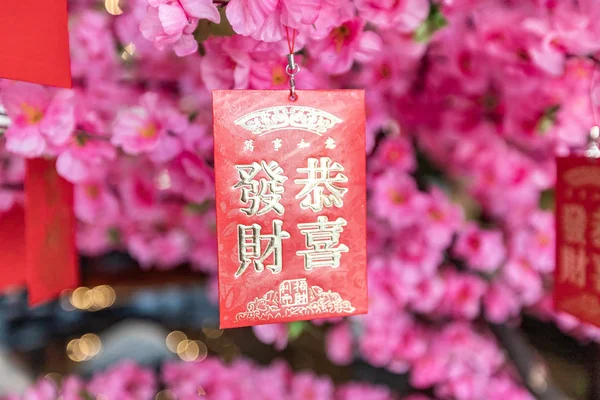 Chinese New Year Background Red Cards Pink Flowers — стоковое фото