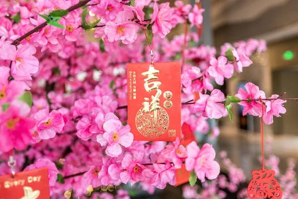 stock image chinese new year background with red cards and pink flowers 