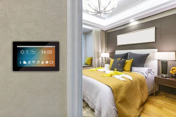 smart home interior with icons on screen