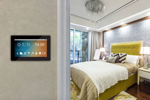 smart home interior with icons on screen