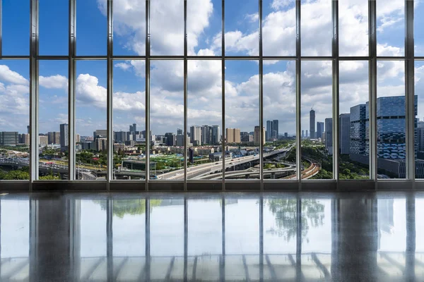 Panoramic skyline and buildings from glass window Royalty Free Stock Images