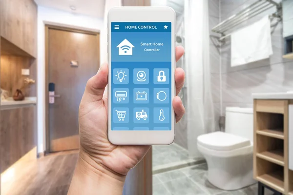 Téléphone intelligent avec maison intelligente, domotique, appareil avec app i — Photo