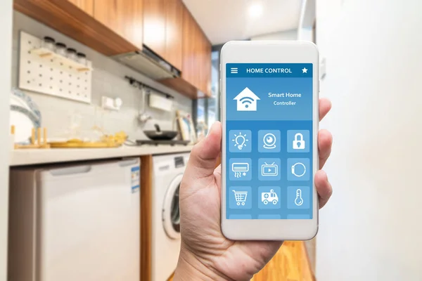 Smart phone with smart house, home automation, device with app i — Stock Photo, Image