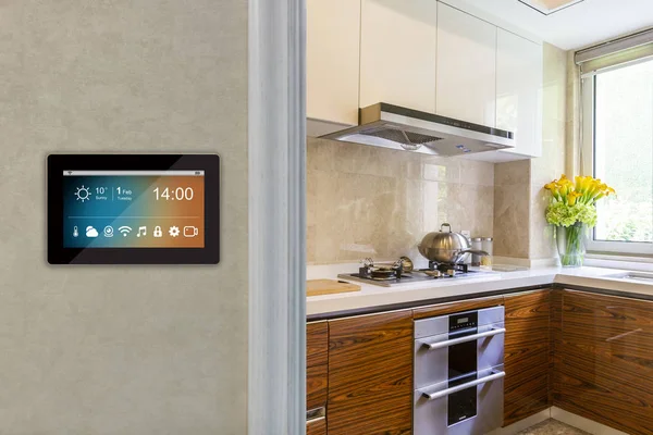 smart home interior with icons on screen