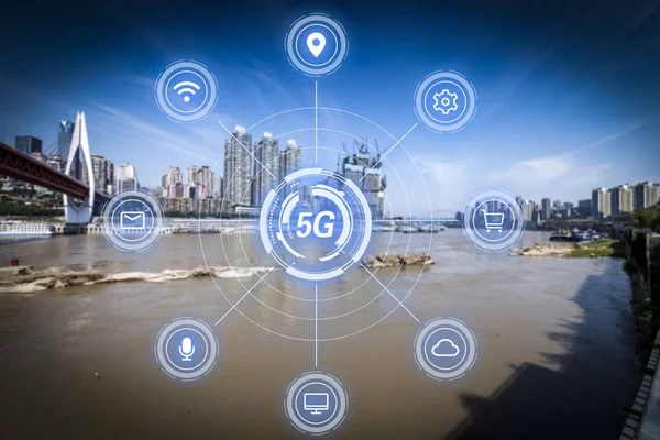 5G nettverk trådløse systemer og internett av ting med moderne c – stockfoto