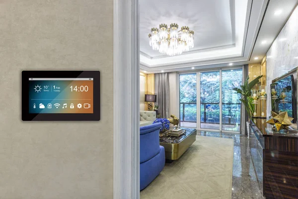 smart home interior with icons on screen