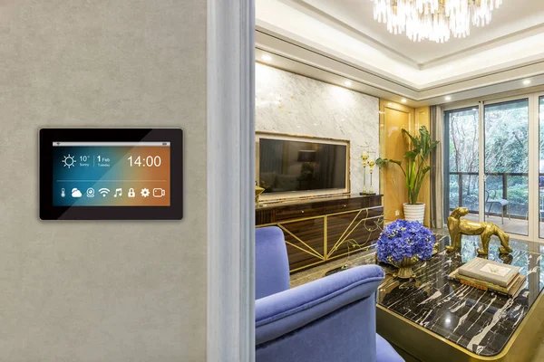 smart home interior with icons on screen