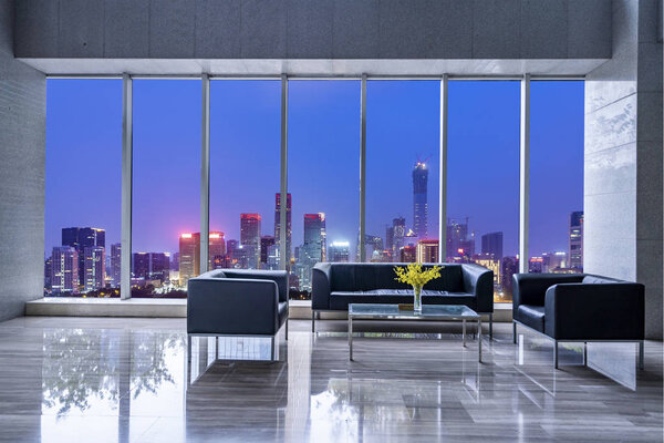 Panoramic skyline and buildings from glass window