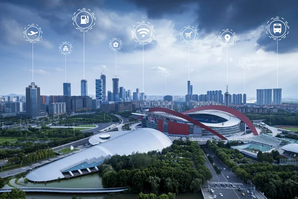 Smart connected city skyline. Futuristic network concept, city technology.