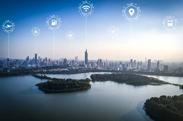 Smart connected city skyline. Futuristic network concept, city technology.
