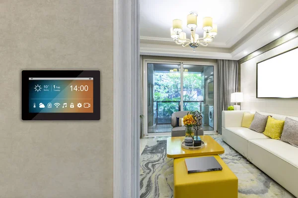 smart home interior with icons on screen