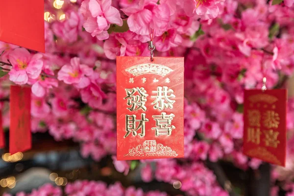 Chinese New Year Background Red Cards Pink Flowers Stockafbeelding