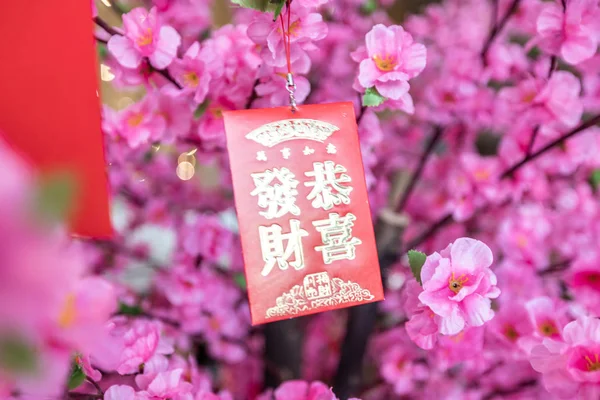 Chinese New Year Background Red Cards Pink Flowers Telifsiz Stok Imajlar