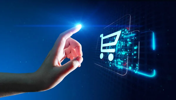 Kosárba tesz Internet webáruházban online vásárlás E-Commerce koncepció — Stock Fotó
