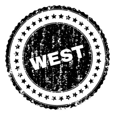 Batı damga mühür filigran sıkıntı tarzı ile. Batı etiketi ile çizilmiş doku siyah vektör kauçuk baskı. Lastik mühür taklit daire şekli vardır ve yıldız içerir.