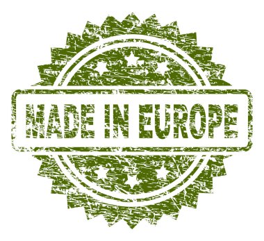 Avrupa'da yapılmış damga mühür filigran kauçuk yazdırma stili ile. Yeşil vektör kauçuk baskı retro doku ile Avrupa'da yapılan metin.