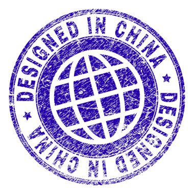 Çin tasarlanmış damga filigran doku ile. Mavi vektör lastik doku ile tasarlanmış Çin resim yazısı olarak yazdırın. Daire ve gezegen simgesi ile yerleştirilen kelime mührü vardır.