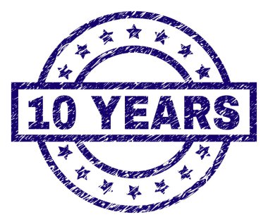 10 yıl damga mühür filigran sıkıntı doku ile. Dikdörtgen, daire ve yıldız ile tasarlanmıştır. Mavi vektör kauçuk baskı toz doku ile 10 yıl metnin.