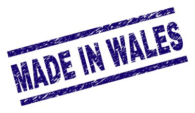 Galler içinde yapılmış damga mühür filigran grunge tarzı ile. Mavi vektör kauçuk Galler içinde yapılan metin retro doku ile yazdırın. Metin etiketi paralel çizgiler arasında yer alıyor.