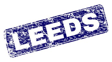 Leeds damga mühür doku ile yazdırma. Bir yuvarlatılmış dikdörtgen çerçeve ile mühür şekildir. Mavi vektör kauçuk baskı Leeds metin doku ile.