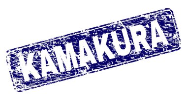 Kamakura damga mühür sıkıntı doku ile yazdırma. Bir yuvarlatılmış dikdörtgen çerçeve ile mühür şekildir. Mavi vektör kauçuk baskı Kamakura etiketin kirli doku ile.