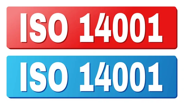 ISO 14001 tekst op knoppen van de blauwe en rode rechthoek — Stockvector
