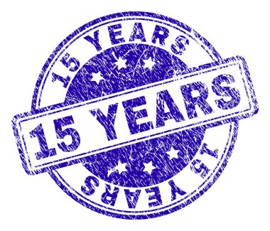 15 yıl damga mühür filigran doku ile. Yuvarlak köşeli dikdörtgenler ve daireler ile tasarlanmış. Mavi vektör kauçuk baskı 15 yaşındaki metin retro doku ile.