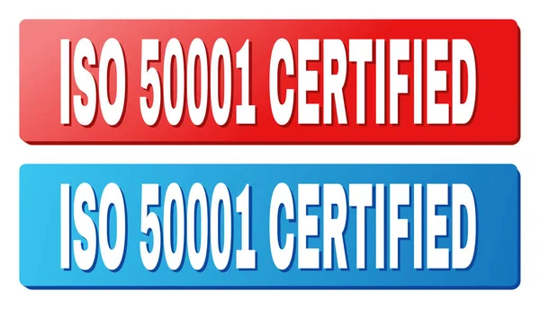 Надпись ISO 50001 CERTIFIED на сине-красных прямоугольниках — стоковый вектор