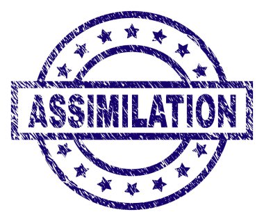 Asimilasyon sıkıntı doku ile damga mühür. Dikdörtgen, daire ve yıldız ile tasarlanmıştır. Mavi vektör kauçuk baskı kirli tekstürlü asimilasyon metnin.