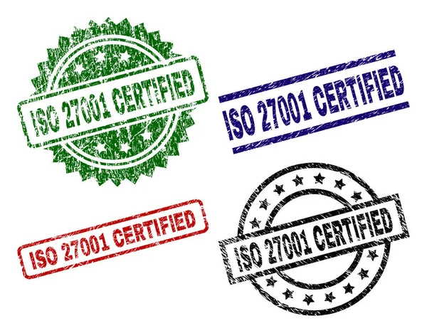 Zerkratzte texturierte Iso 27001 zertifizierte Stempelsiegel — Stockvektor