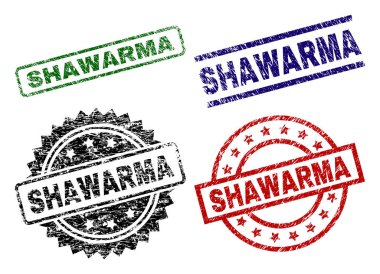 Shawarma mühür ile aşınmış yüzey yazdırır. Siyah, yeşil, kırmızı, mavi vektör kauçuk Shawarma etiketinin aşınmış tarzı ile yazdırır. Lastik conta ile daire, dikdörtgen, madalyon şekilleri.