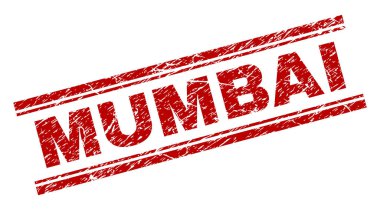 Mumbai mühür doku ile yazdırma. Kırmızı vektör kauçuk Mumbai etiketinin doku ile yazdırın. Metin etiketi çift paralel çizgi arasında yer alıyor.