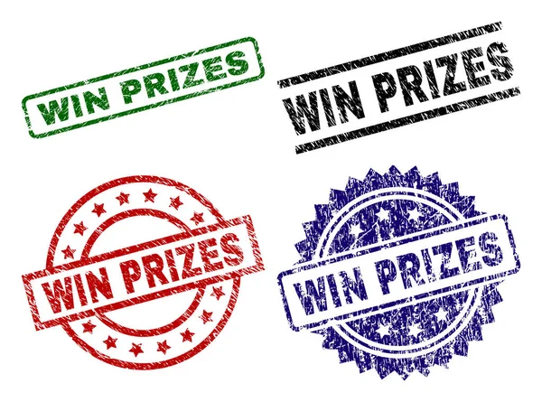 Scratched Textured WIN PRIZES Sellos Sellos — Vector de stock