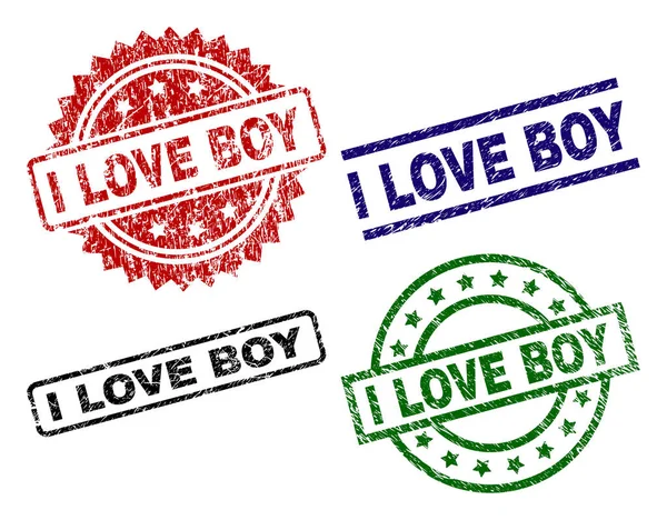 Grunge Textured I LOVE BOY Seal Stamps — Stock Vector