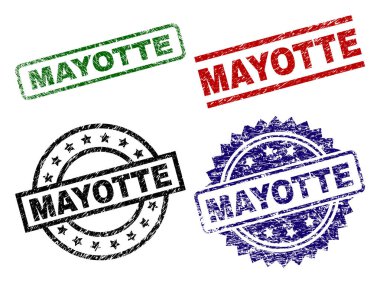 Mayotte mühür sıkıntı stiliyle yazdırır. Siyah, yeşil, kırmızı, mavi vektör kauçuk parmak izi çizik stiliyle Mayotte resim yazısı. Lastik conta ile daire, dikdörtgen, rozet şekilleri.